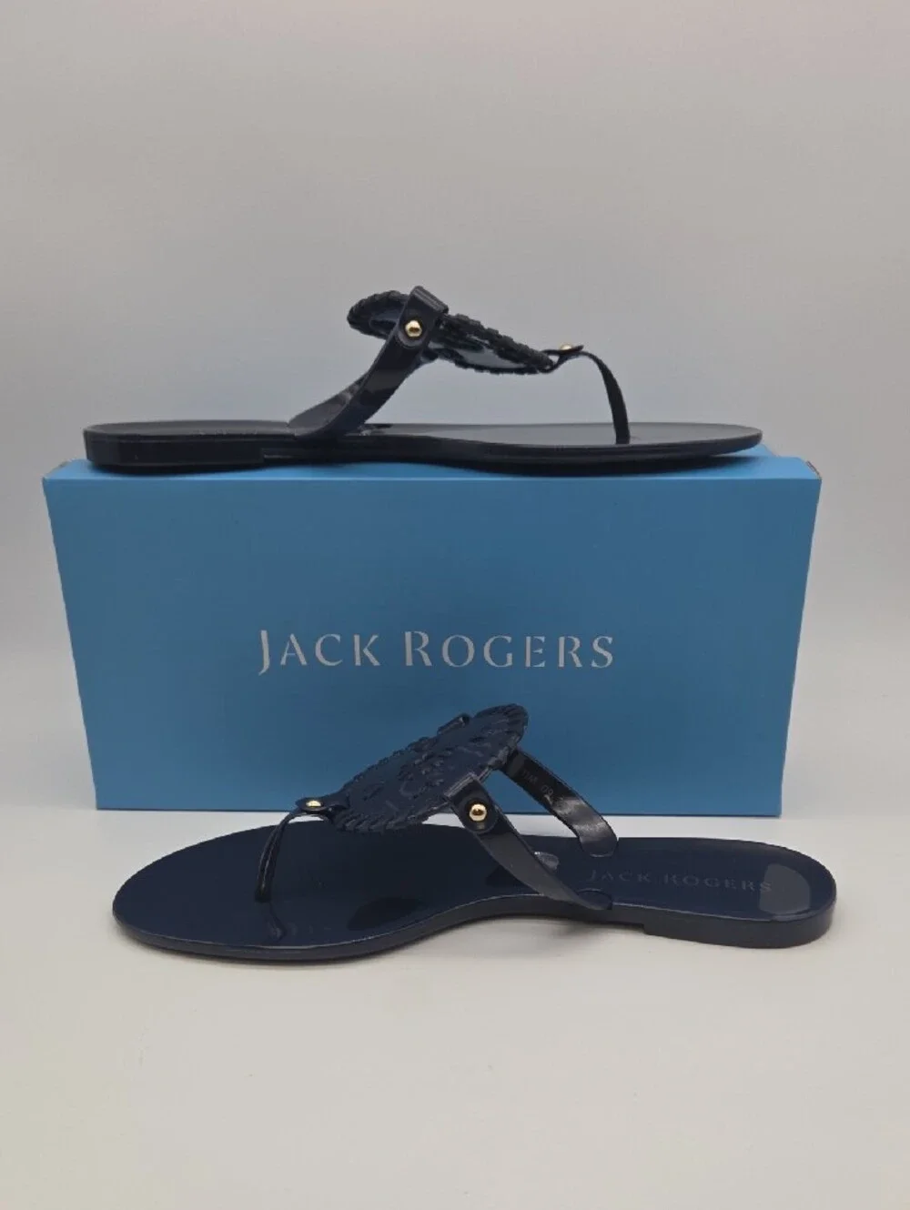 Jack Rogers Navy Patent Jelly Sandals with Woven Medallion